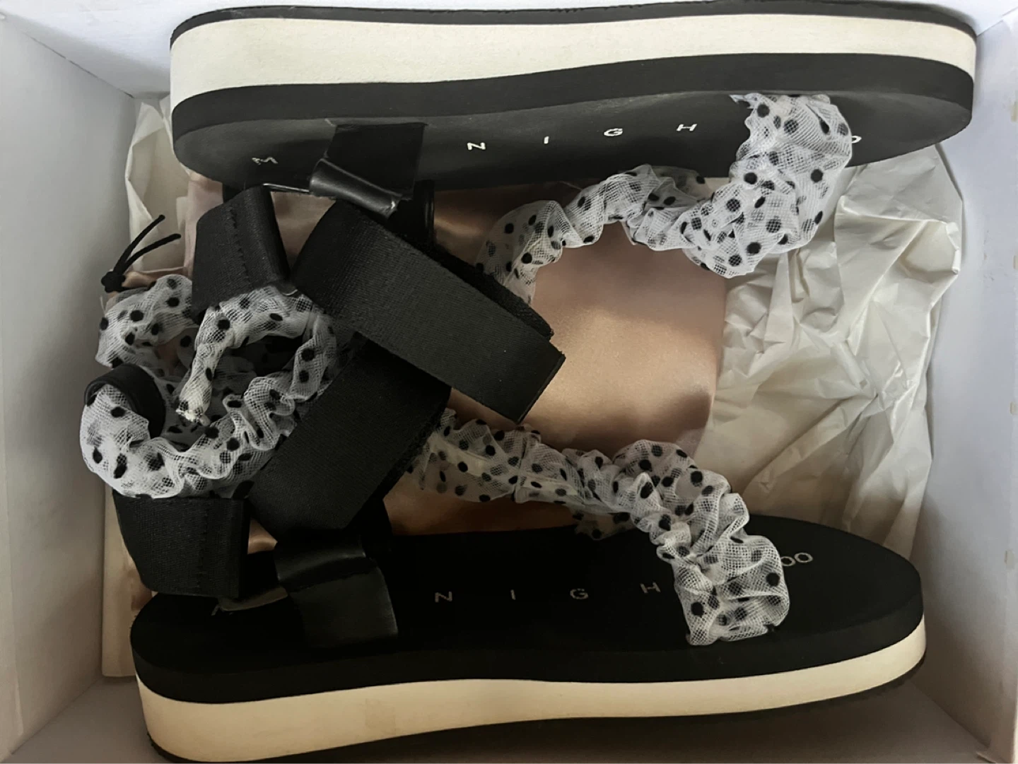 MIDNIGHT 00 Sandals Black White Polka Dot Mesh