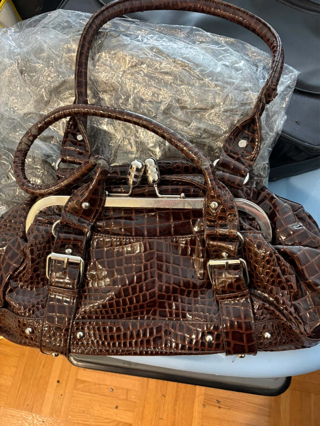 Brown Croc-Embossed Handbag