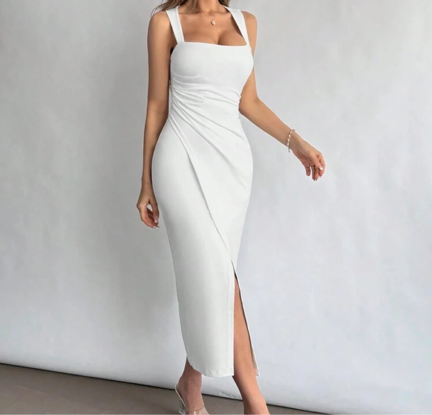 Square neckline waist slit dress