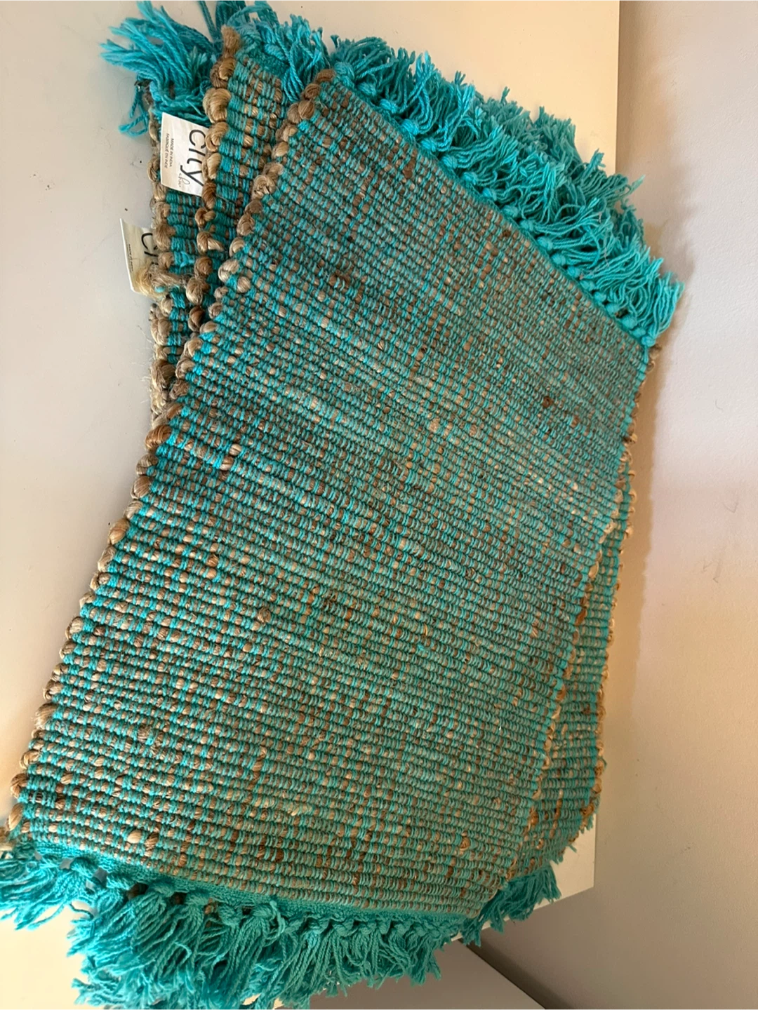 Turquoise Woven Jute and Cotton place mats Fringe