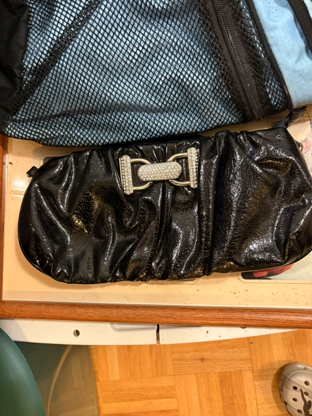 Black Clutch Bag with Rhinestone Buckle