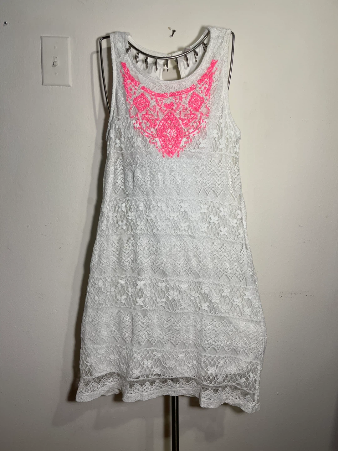 White Lace Dress with Pink Embellishment