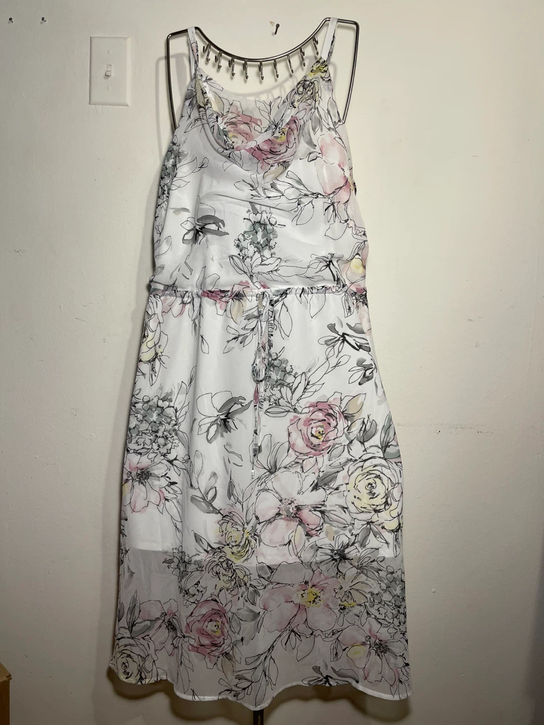 White floral midi dress with beaded neckline