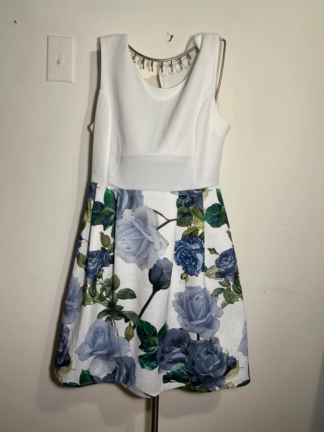 White Sleeveless Dress with Blue Rose Print