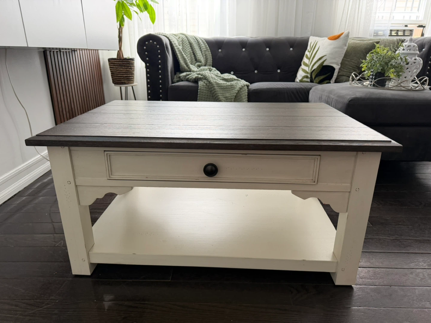 Farmhouse Coffee Table with Drawer and Shelf - photo 2