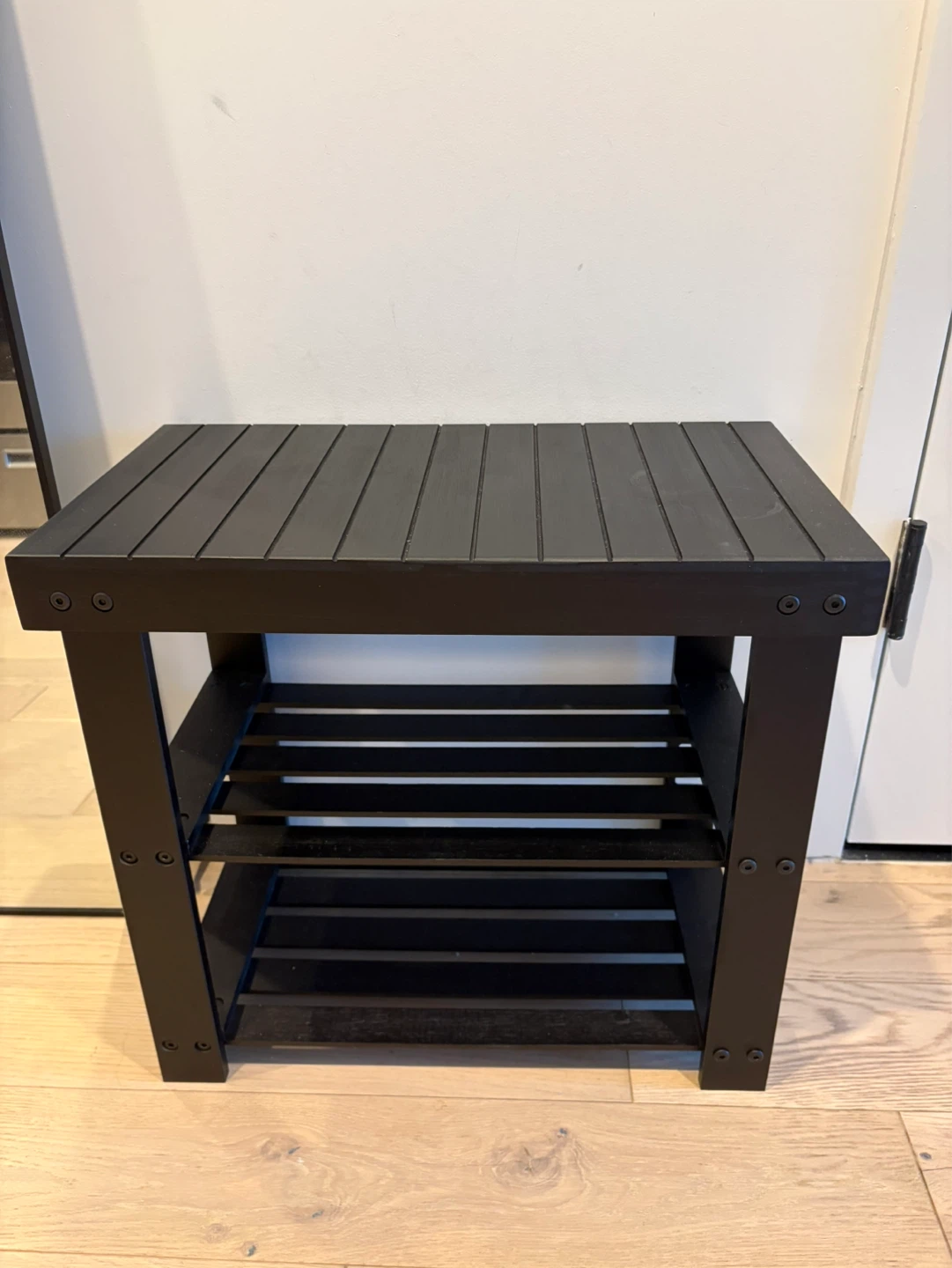 Black Wooden Storage Bench with Two Shelves