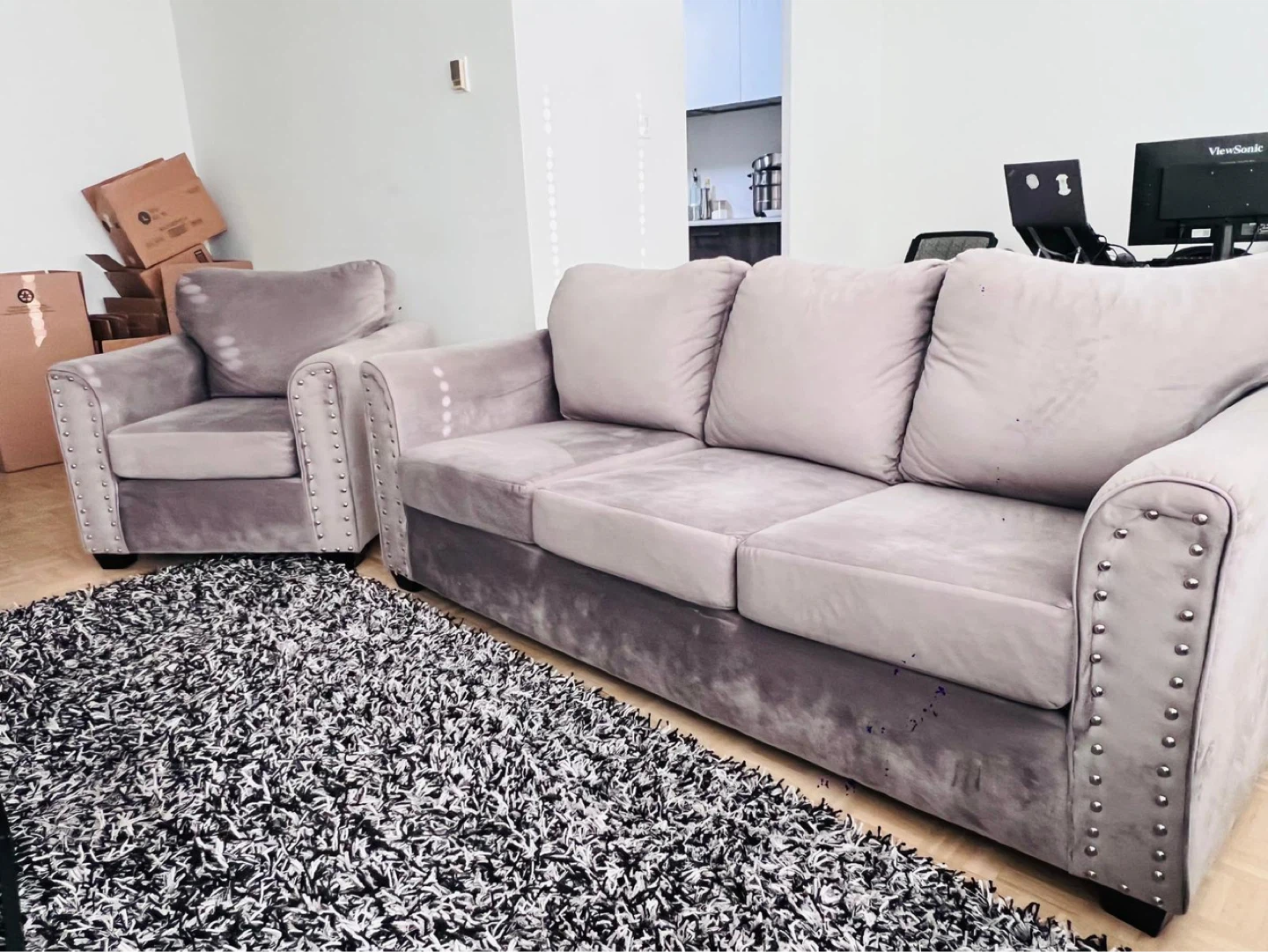 Grey Velvet Sofa and Armchair Set - photo 2