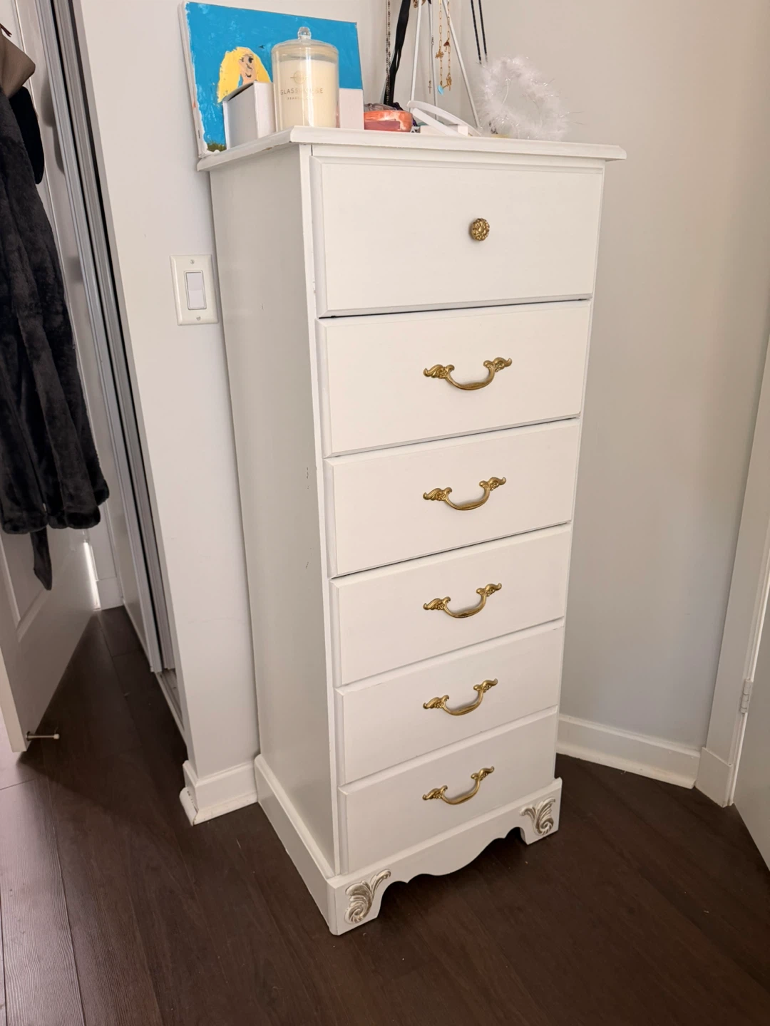White 6-Drawer Tall Dresser with Gold Accents
