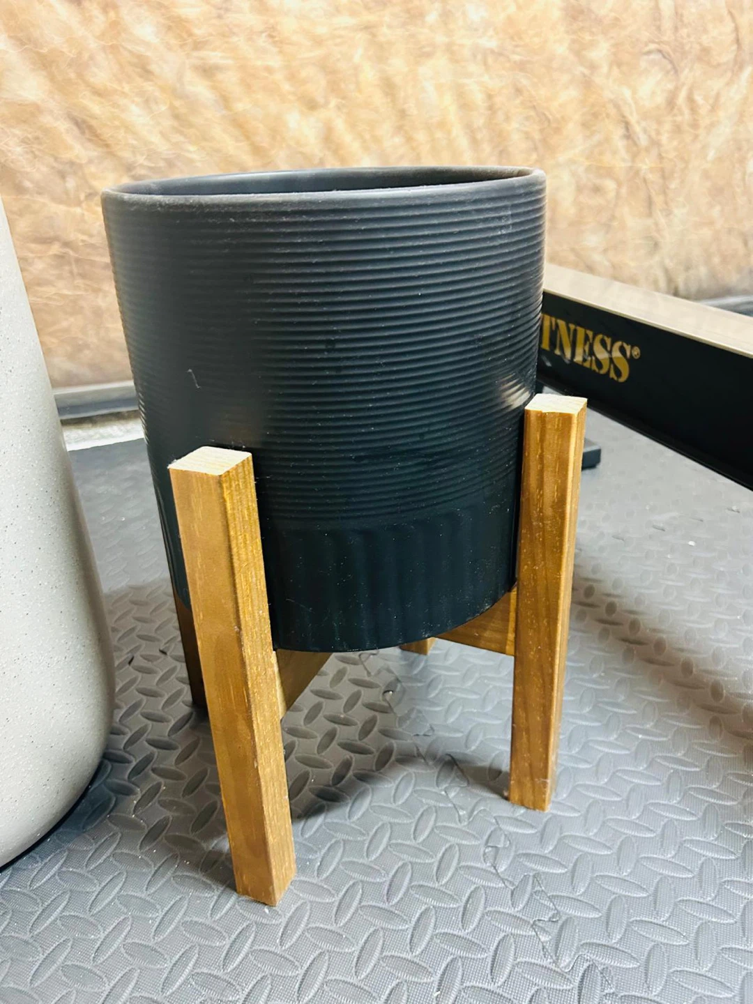 Modern Black Planter with Wooden Stand