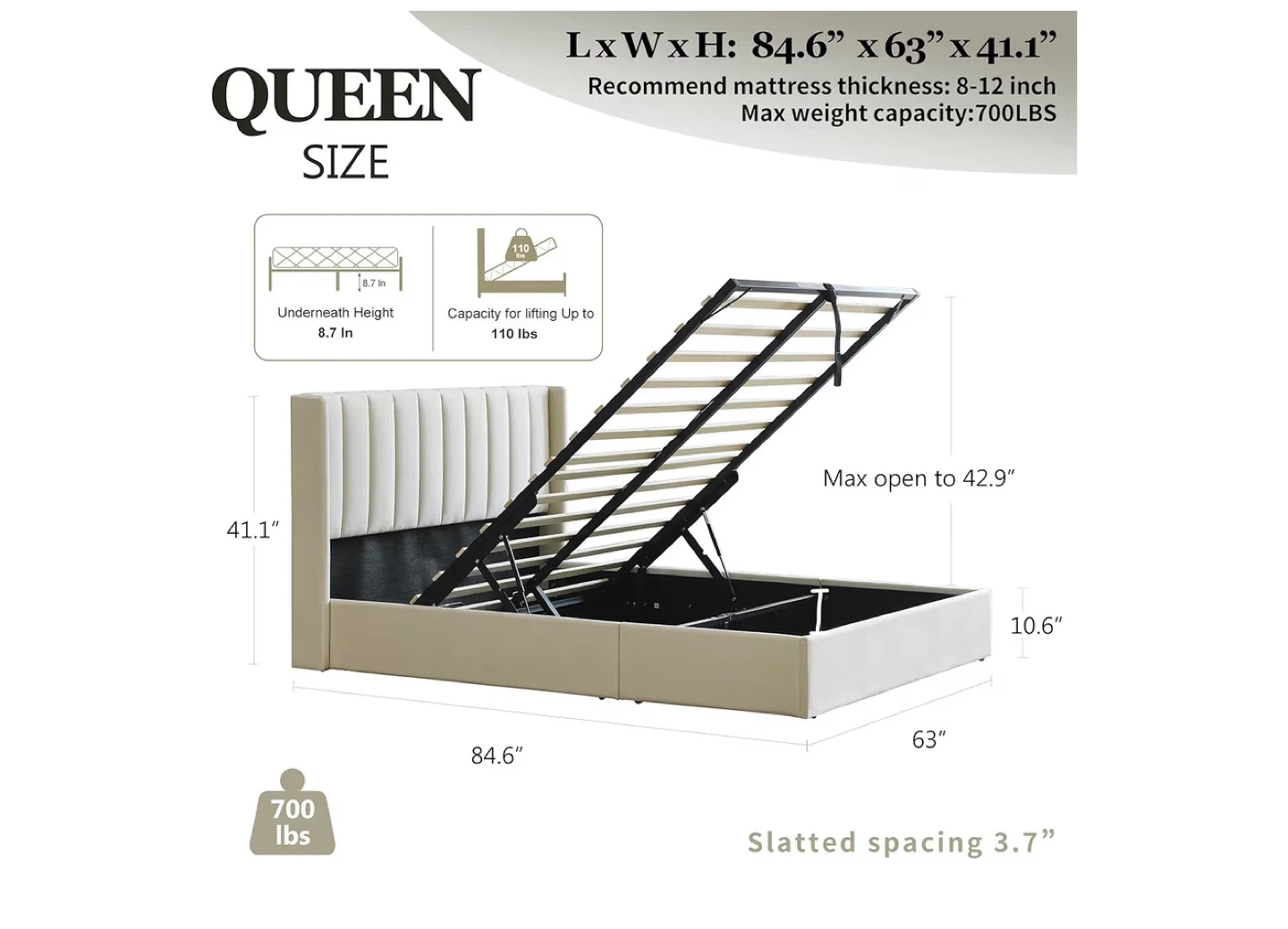 Queen Size Upholstered Bed Frame with Storage - Beige - photo 2