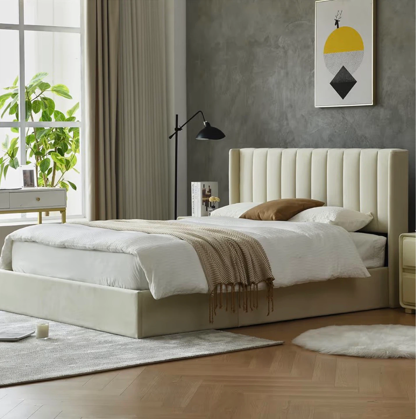 Queen Size Upholstered Bed Frame with Storage - Beige