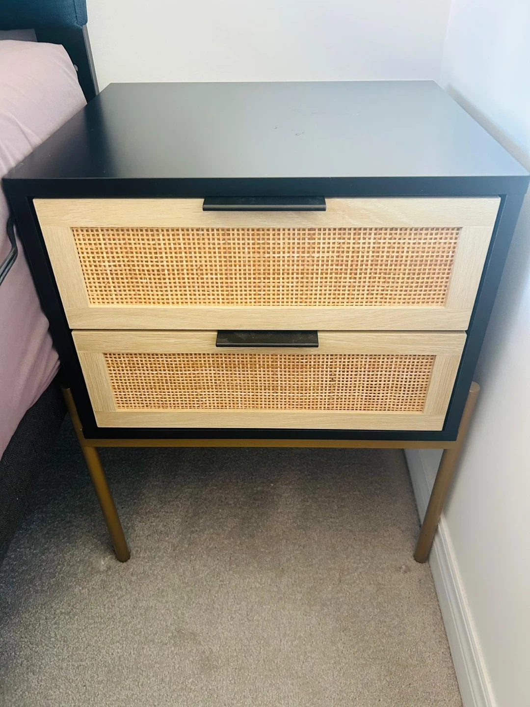 Modern Rattan Nightstand – 2 Drawer Bedside Table – Like New