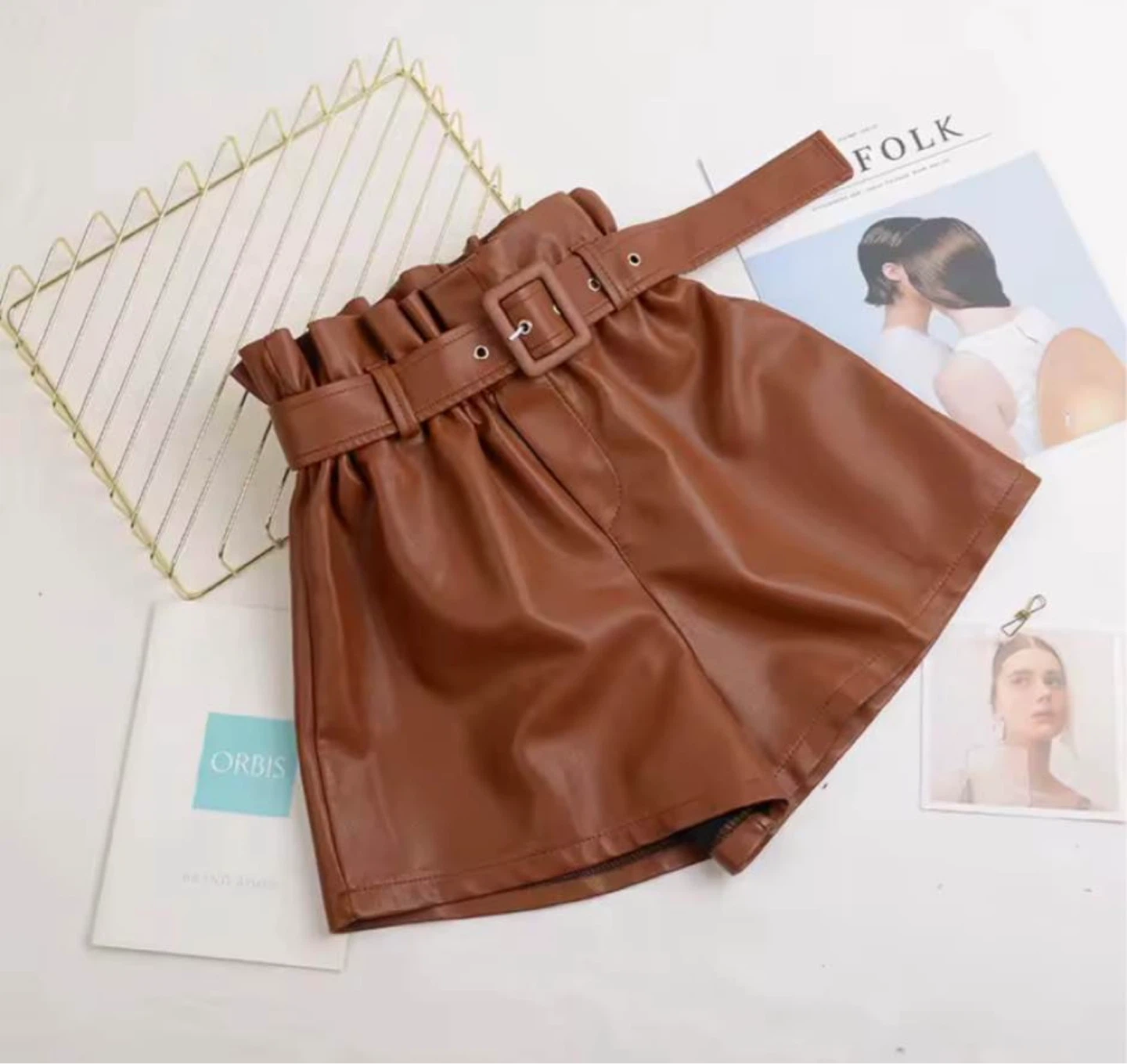Brown Faux Leather Paperbag Waist Shorts with Belt