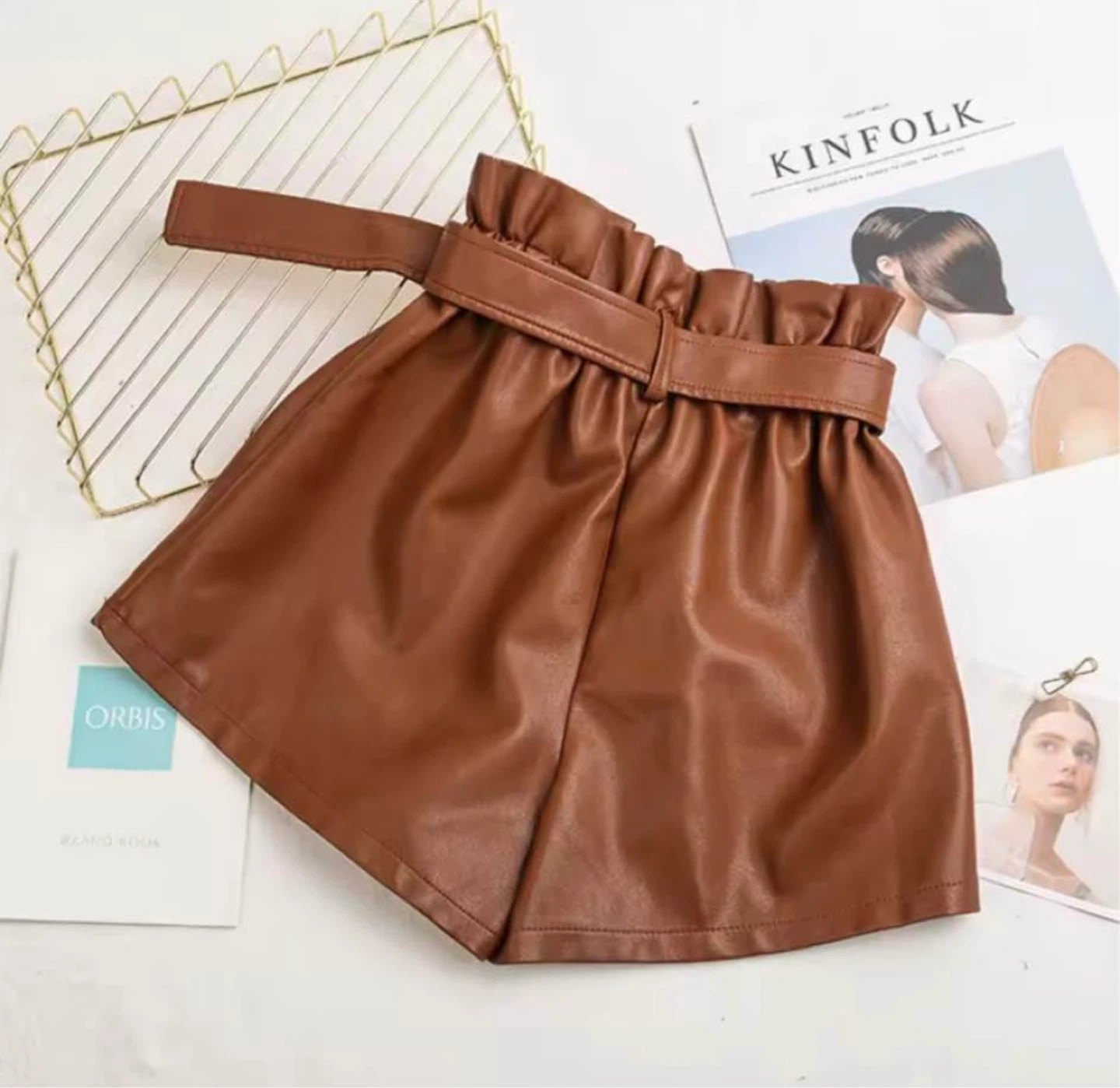 Brown Faux Leather Paperbag Waist Shorts with Belt - photo 2