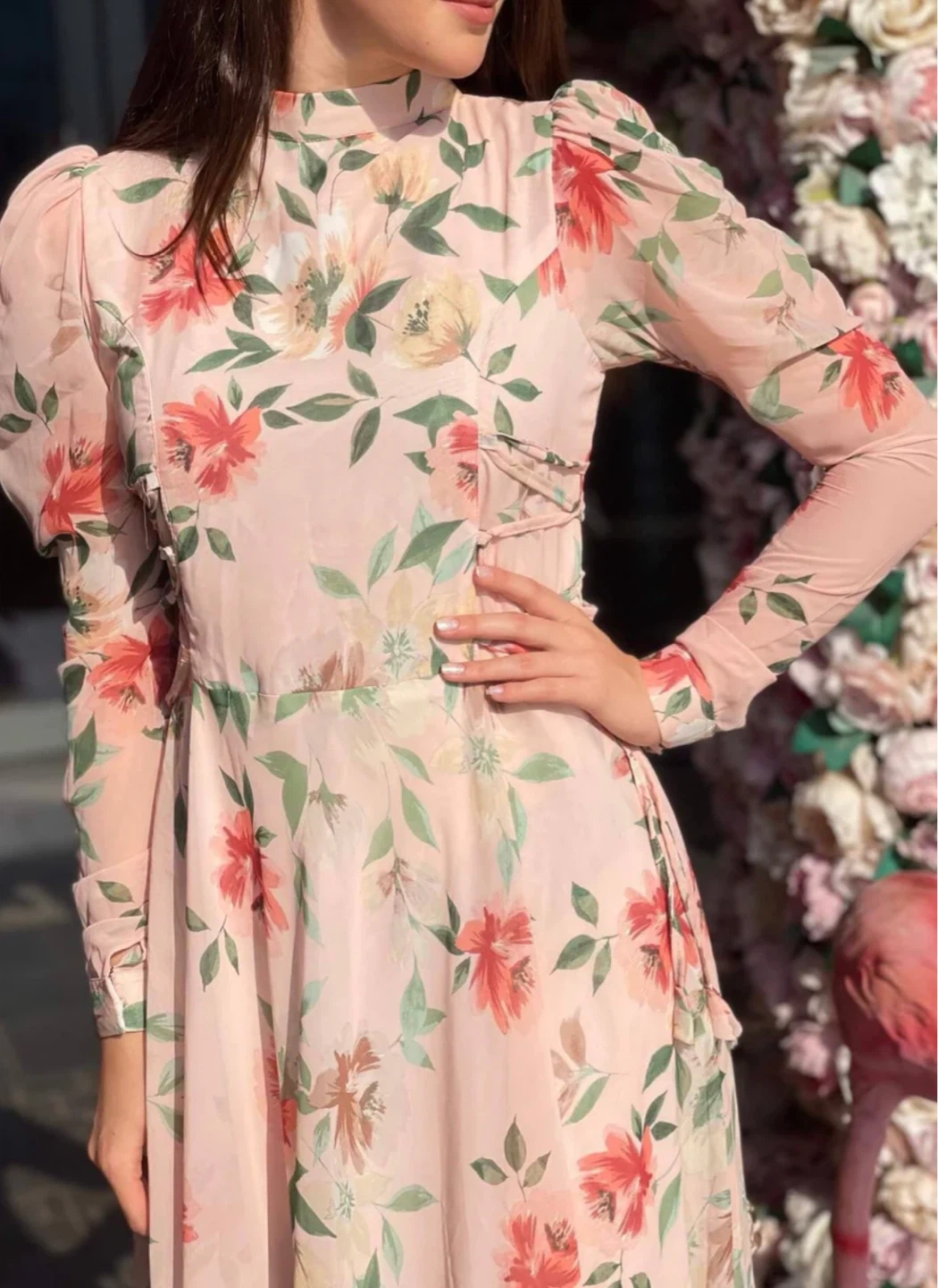 Peach Floral Maxi Dress with Long Sleeves - photo 3