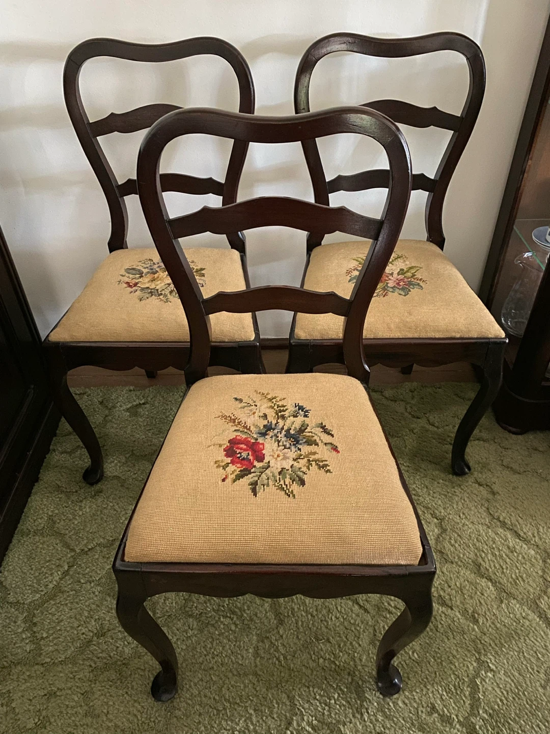 3 Vintage Wood Belgian Chairs with Floral Needlepoint Seat