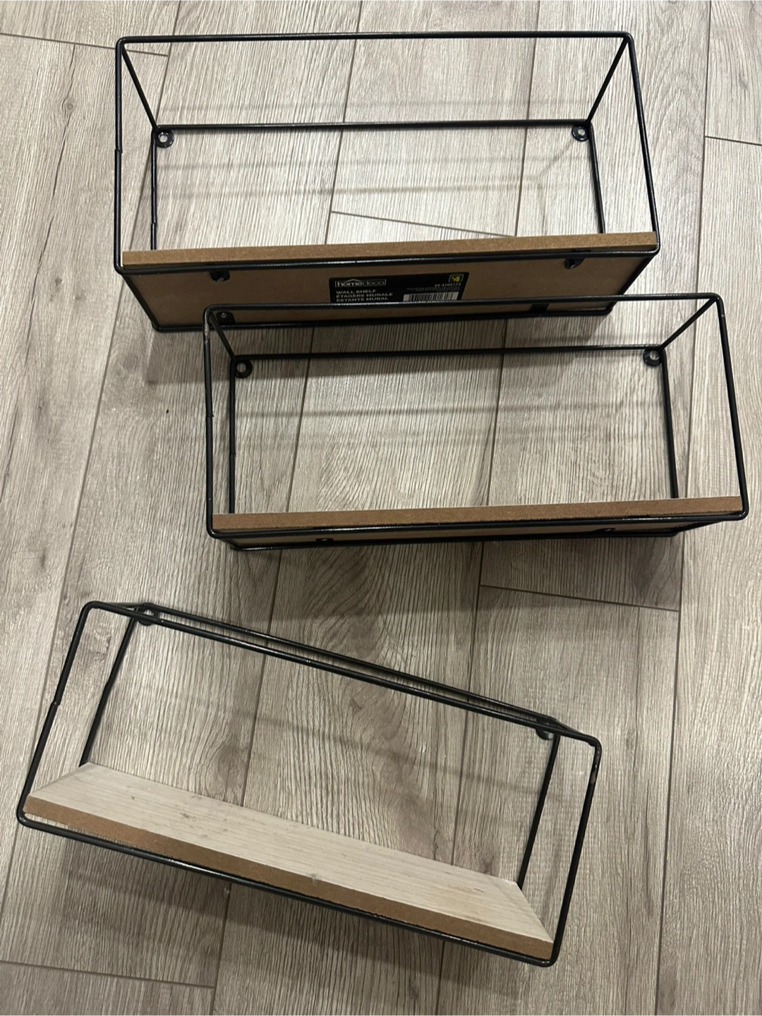 Set of 3 Black Metal Wire Floating Shelves with Wood