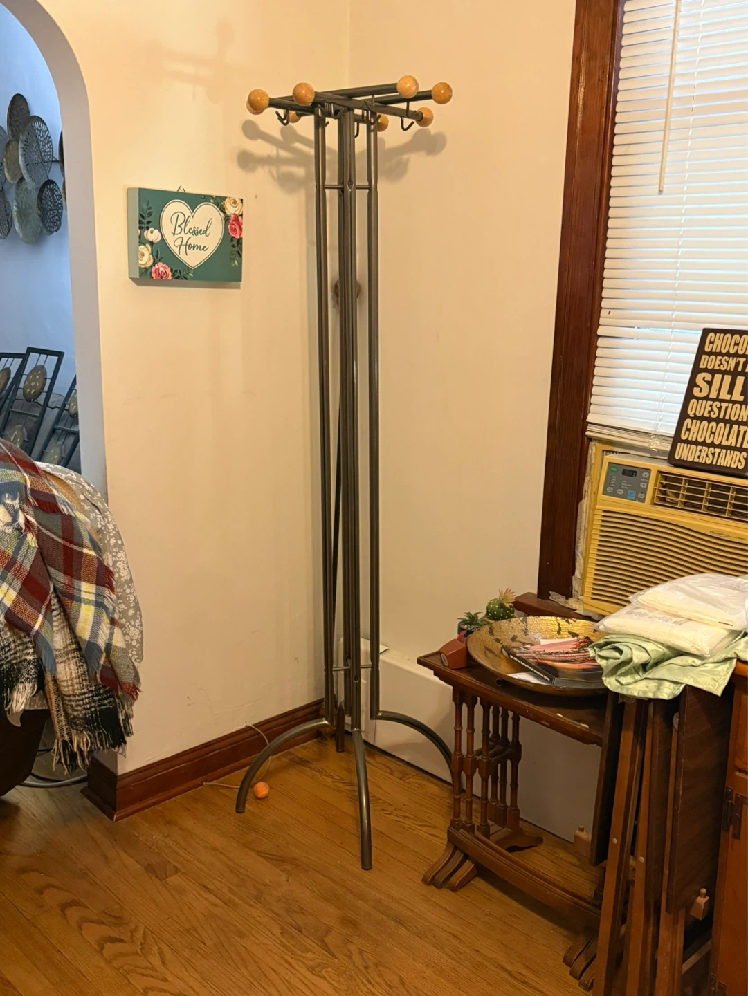 Metal Coat Rack with Wooden Hooks