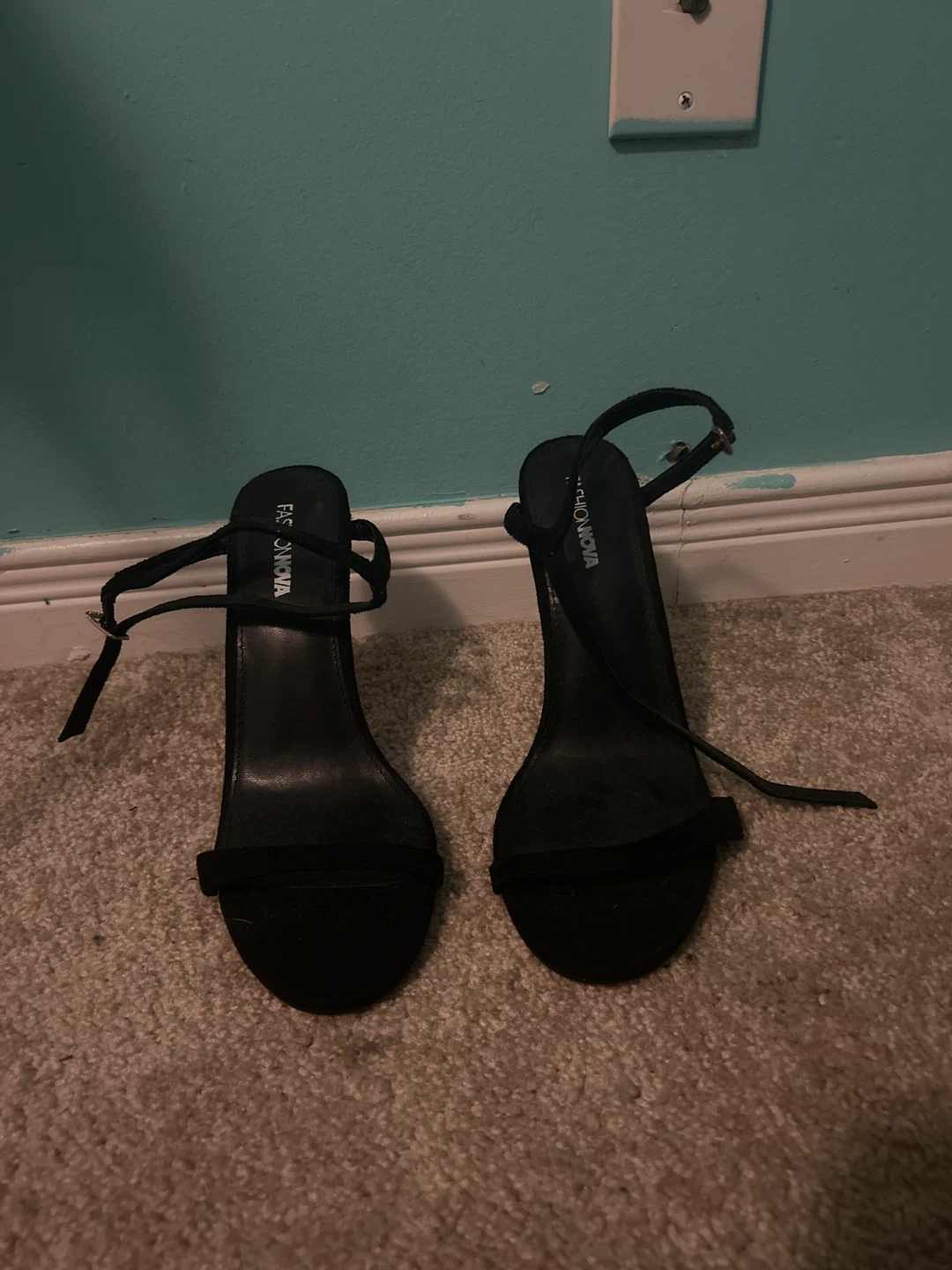 Fashion Nova Black Suede Clear Heel Sandals