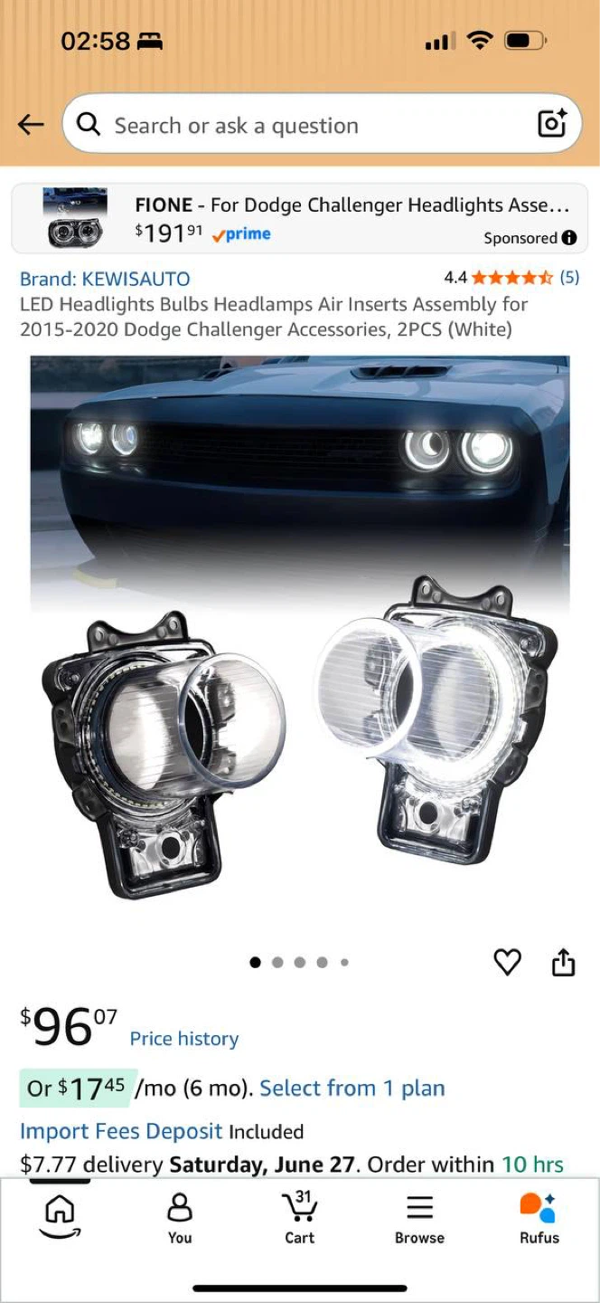 KEWISAUTO LED Headlight Air Insert Assembly for Dodge Challe