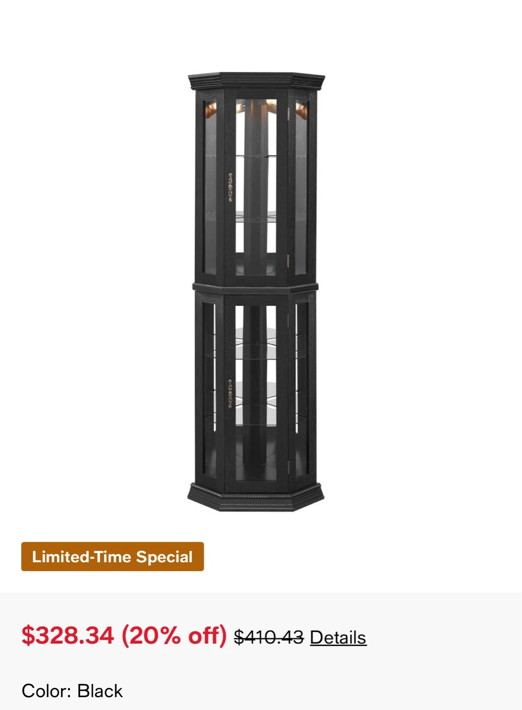 Black Illuminated 3-Side Glass Display Curio Cabinet - photo 2