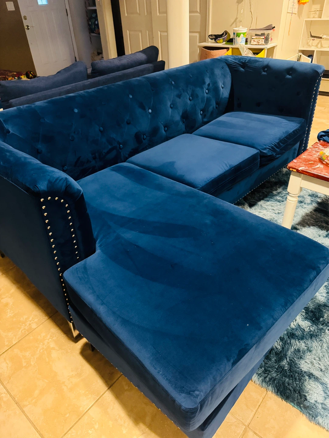 Navy Blue Tufted Sectional Sofa Chaise