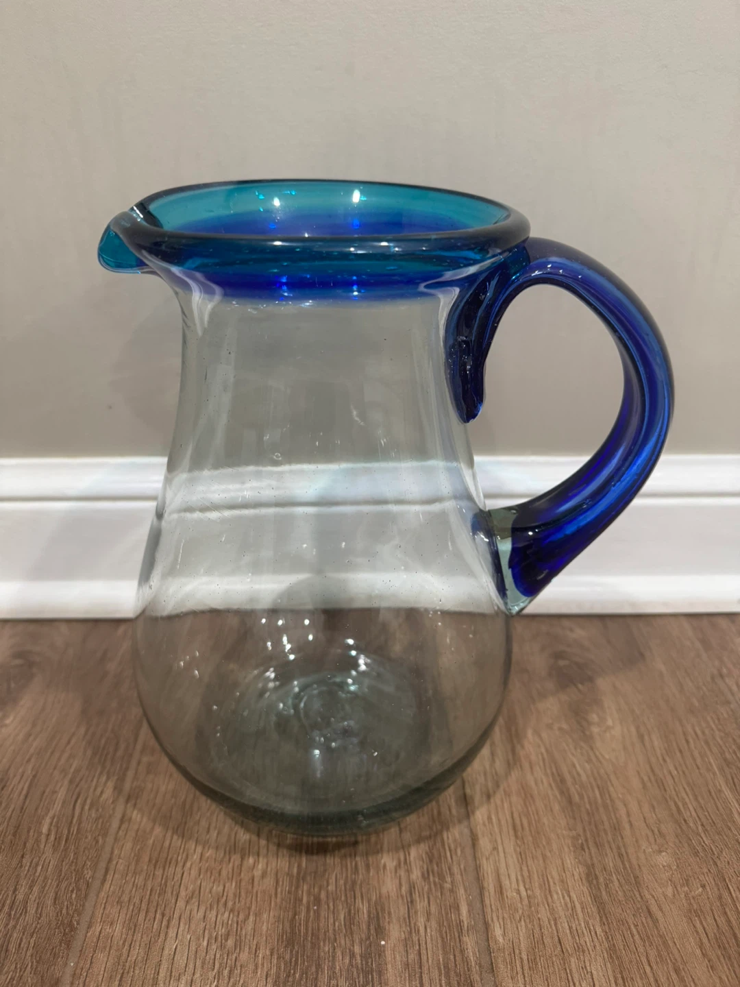 Blue Rimmed Glass Pitcher and 2 Tumbler Set