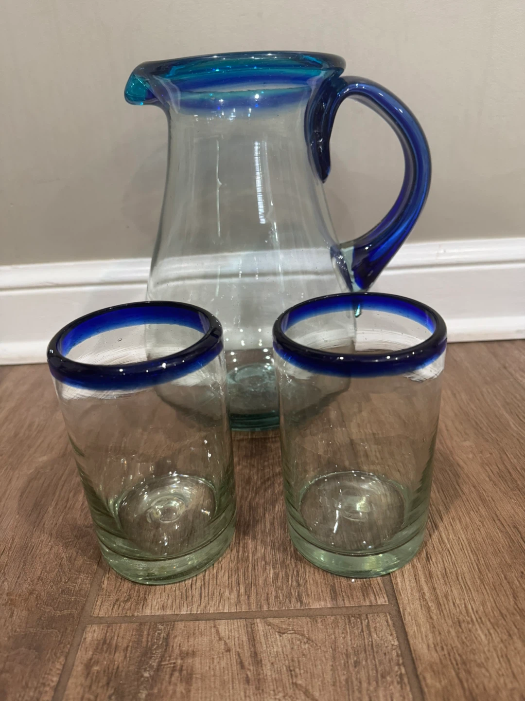 Blue Rimmed Glass Pitcher and 2 Tumbler Set - photo 3