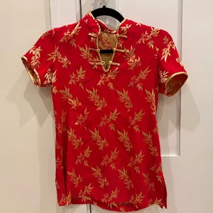 XS Red & Gold Floral Asian Style Top