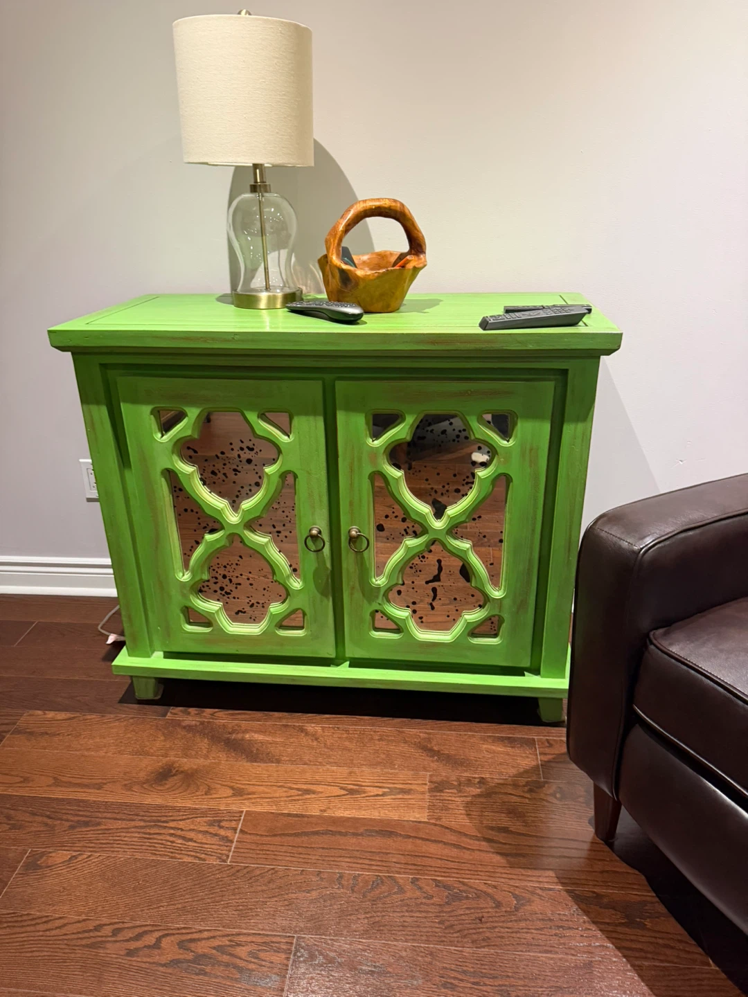 Green Accent Cabinet with Mirrored Doors