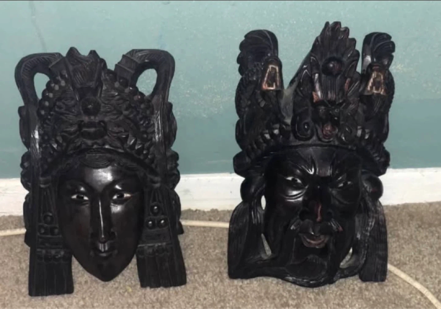 Vintage Hand-Carved Wooden Asian Masks - Set of 2