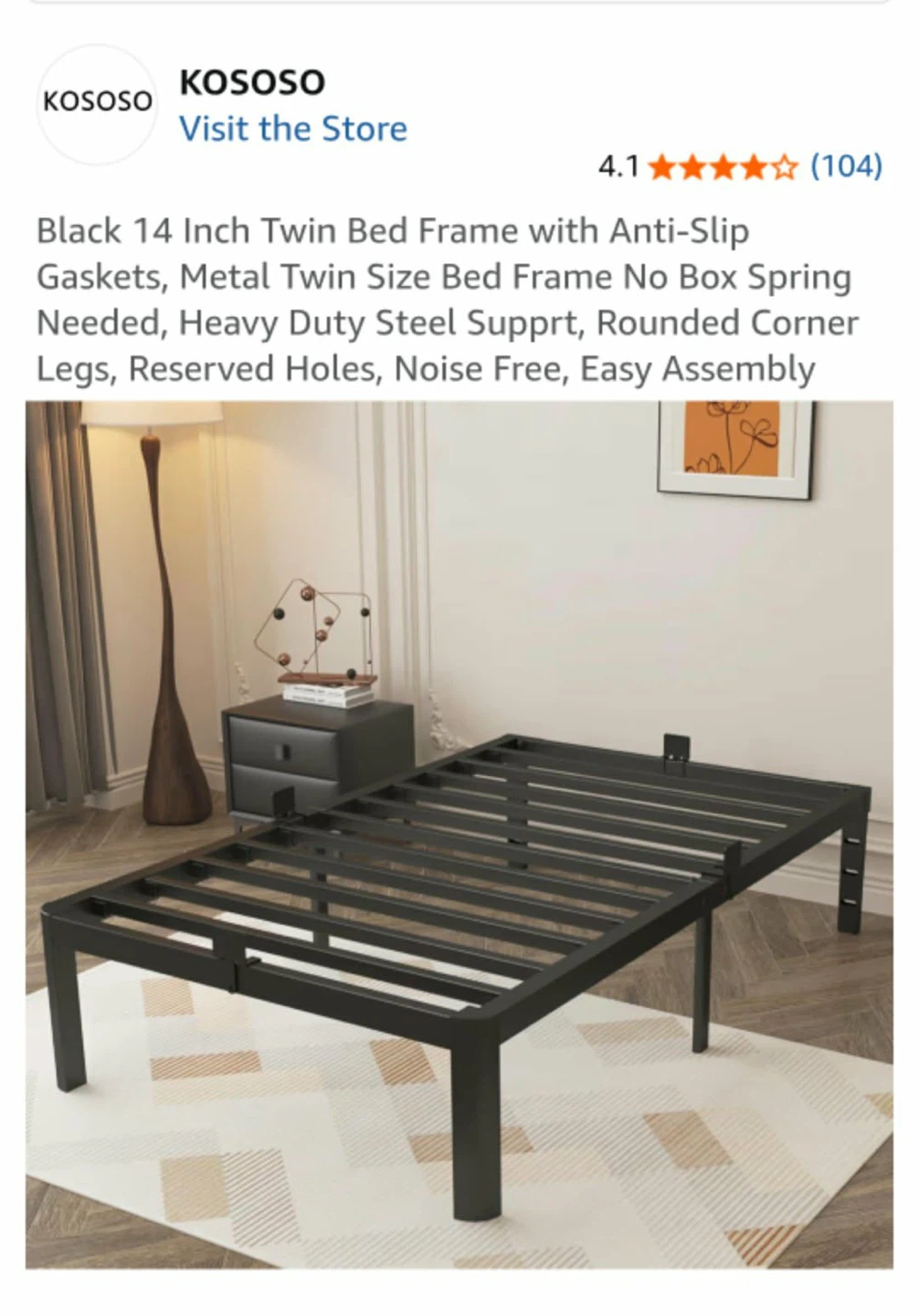 KOSOSO Black 14 Inch Twin Metal Bed Frame with mattress