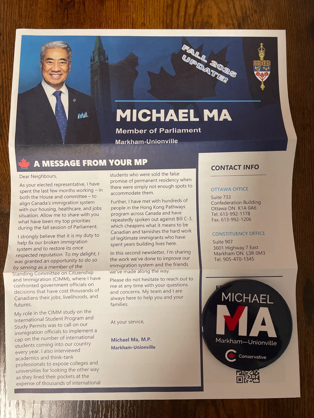 Michael Ma MP Markham-Unionville Button ⚽