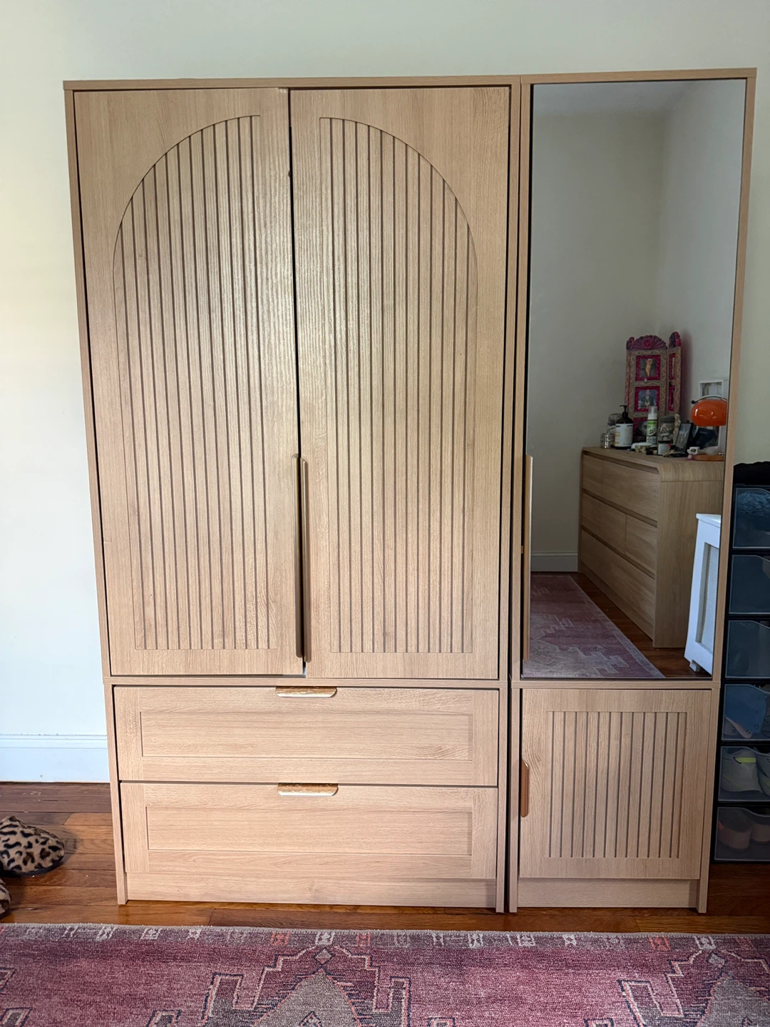 3 Door Fluted Wood Wardrobe Closet w/ Mirror & Drawers
