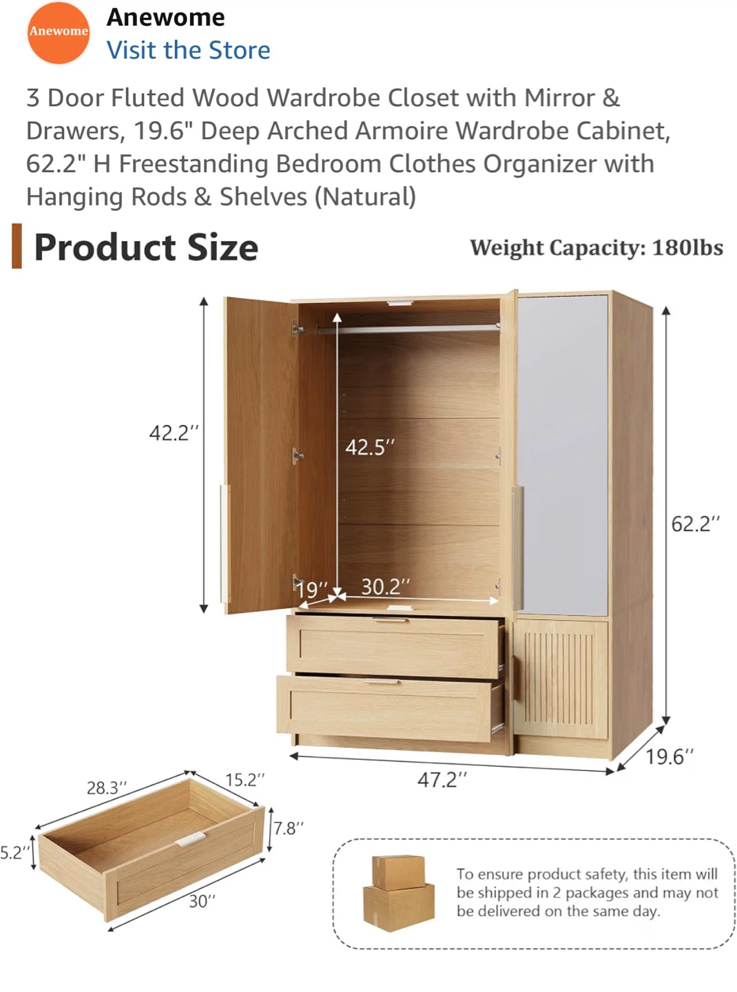 3 Door Fluted Wood Wardrobe Closet w/ Mirror & Drawers - photo 4