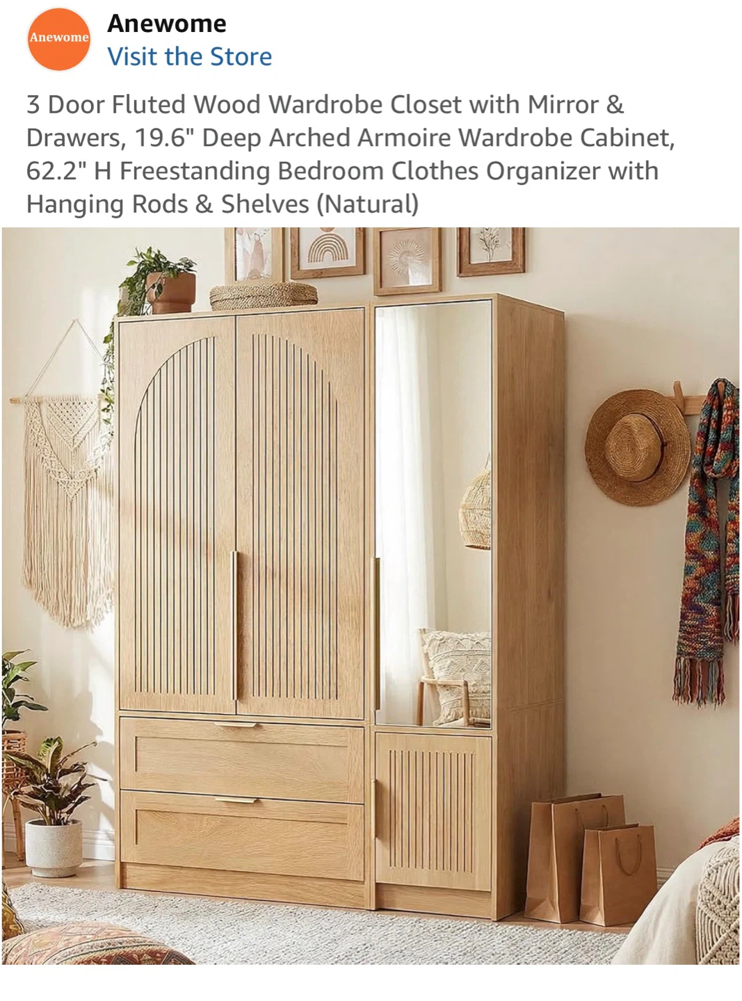 3 Door Fluted Wood Wardrobe Closet w/ Mirror & Drawers - photo 3