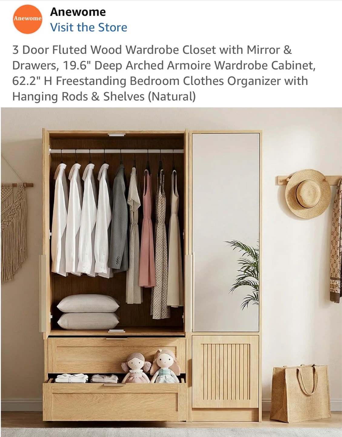 3 Door Fluted Wood Wardrobe Closet w/ Mirror & Drawers - photo 5