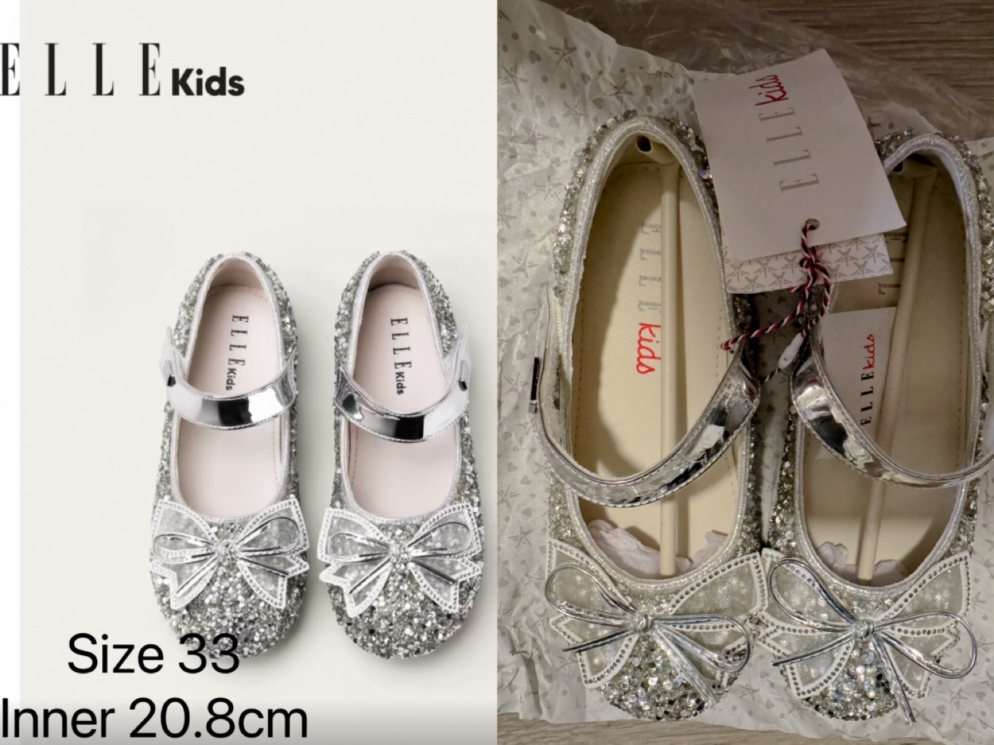 ELLE Kids Silver Glitter Bow Flats - Size 33 - photo 3