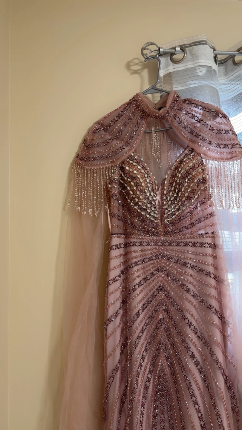 Pink Beaded Gown with Capelet