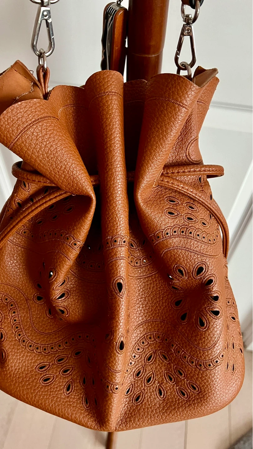 Brown Faux Leather Drawstring Bucket Bag - photo 3