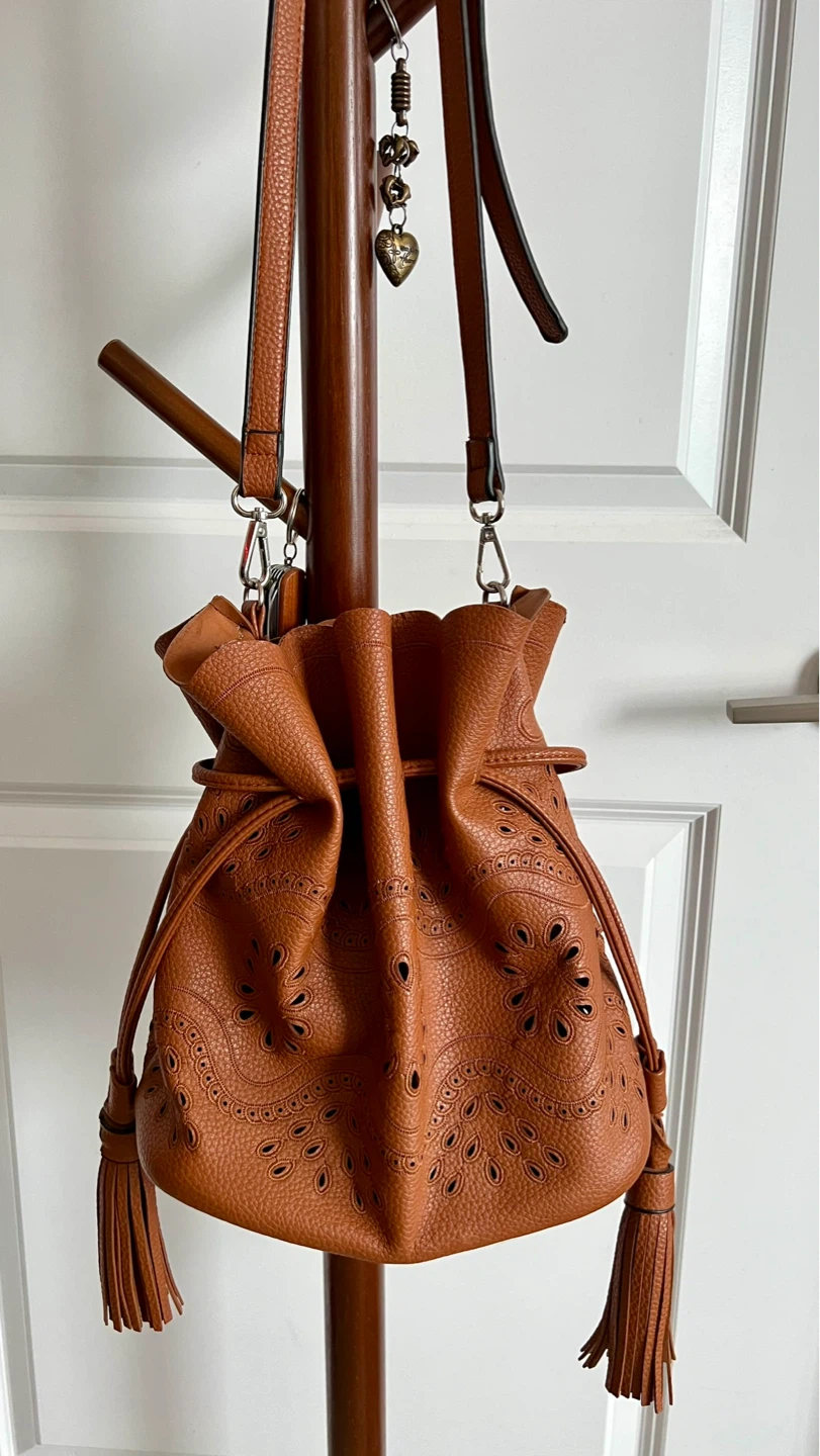 Brown Faux Leather Drawstring Bucket Bag