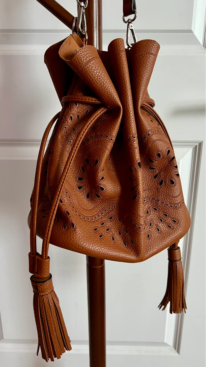 Brown Faux Leather Drawstring Bucket Bag - photo 2