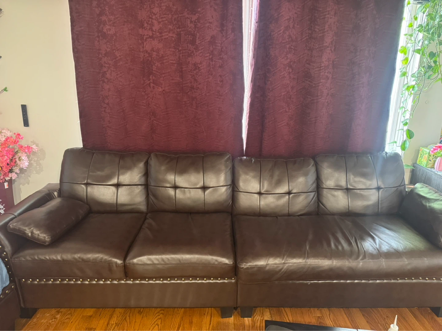 Brown Leather Sofa with Ottoman