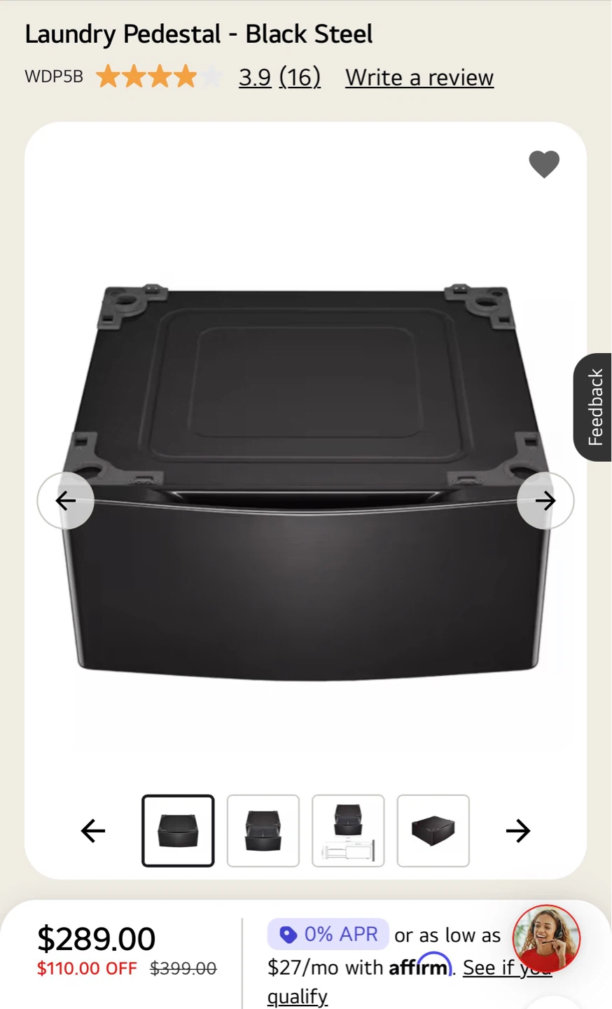 LG Laundry Pedestal - Black Steel
