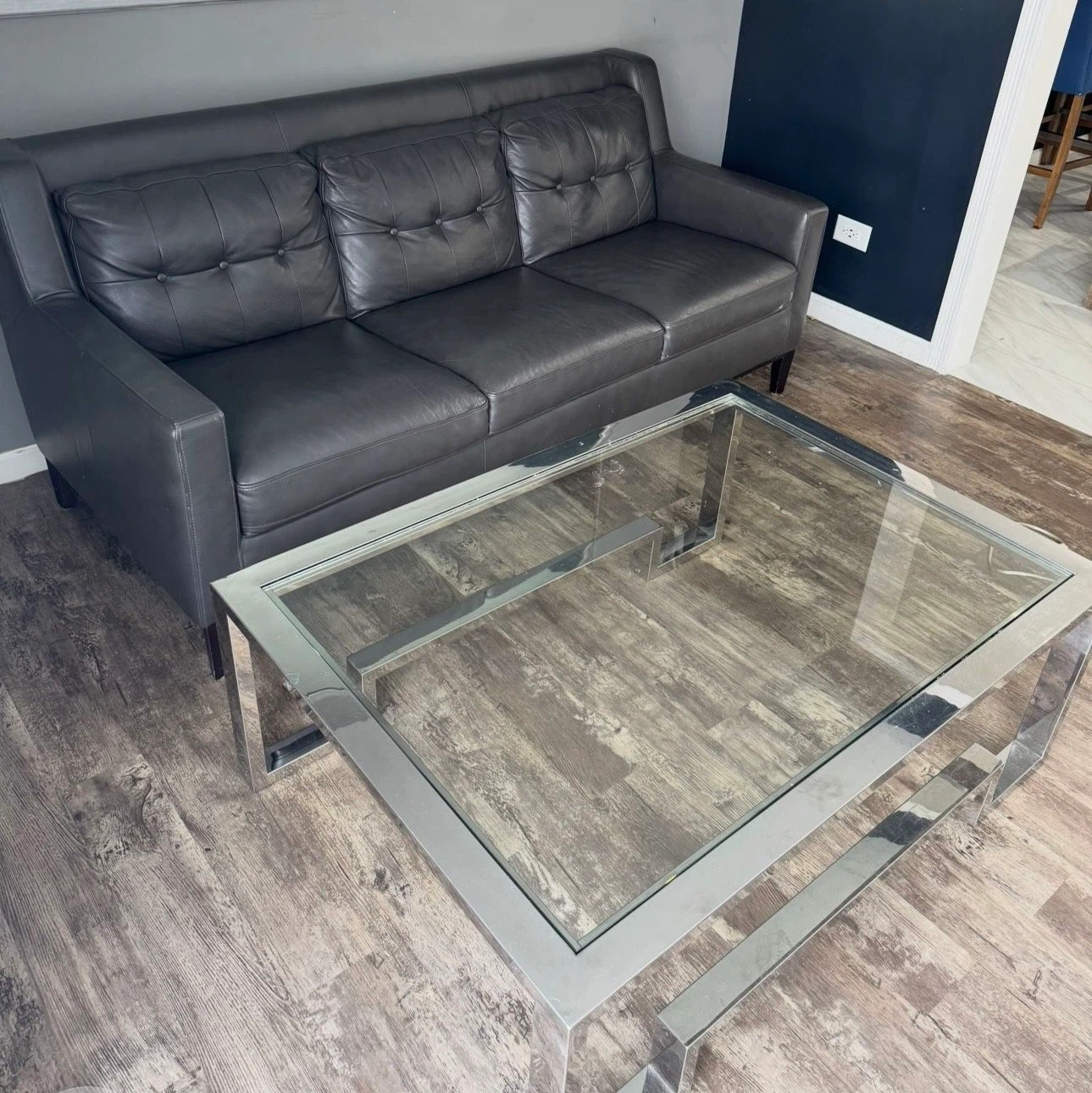 Set of 3 Grey Leather Armchairs and Matching Sofa