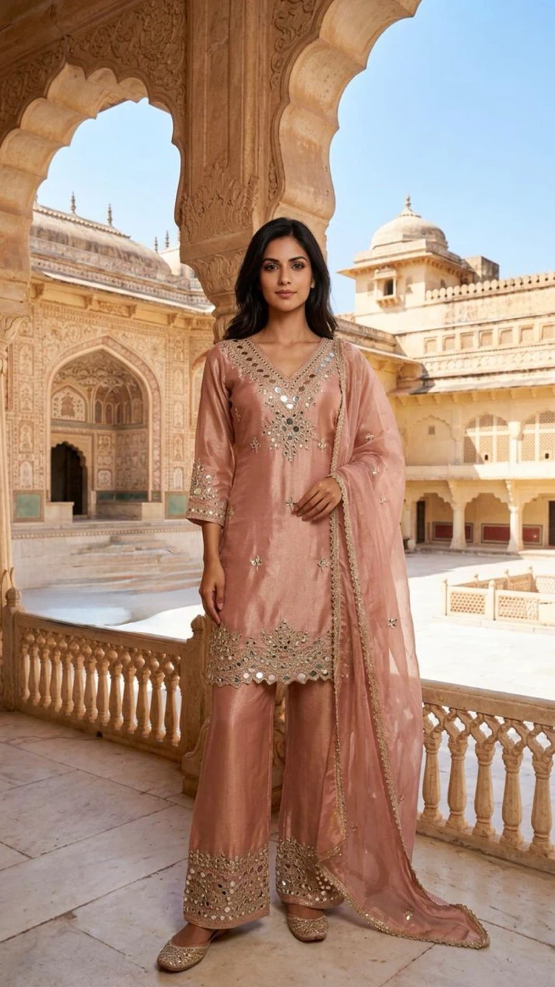 Women's Peach Kurta Set with Mirror Work