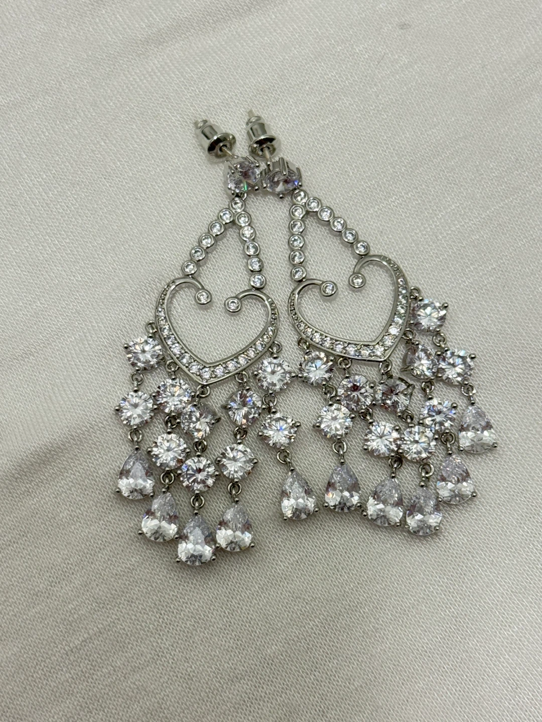 Silver Heart Chandelier Earrings with Cubic Zirconia