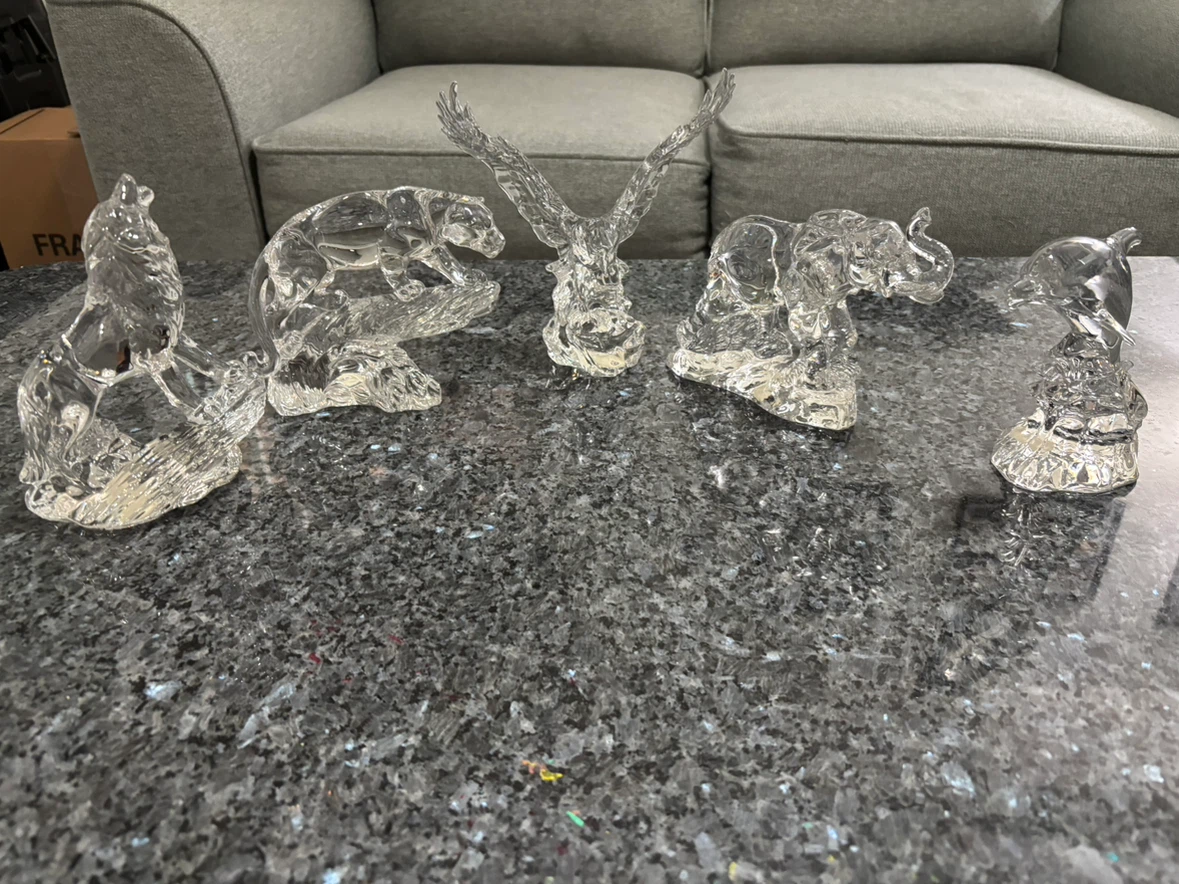 Set of 5 clear glass animal figurines