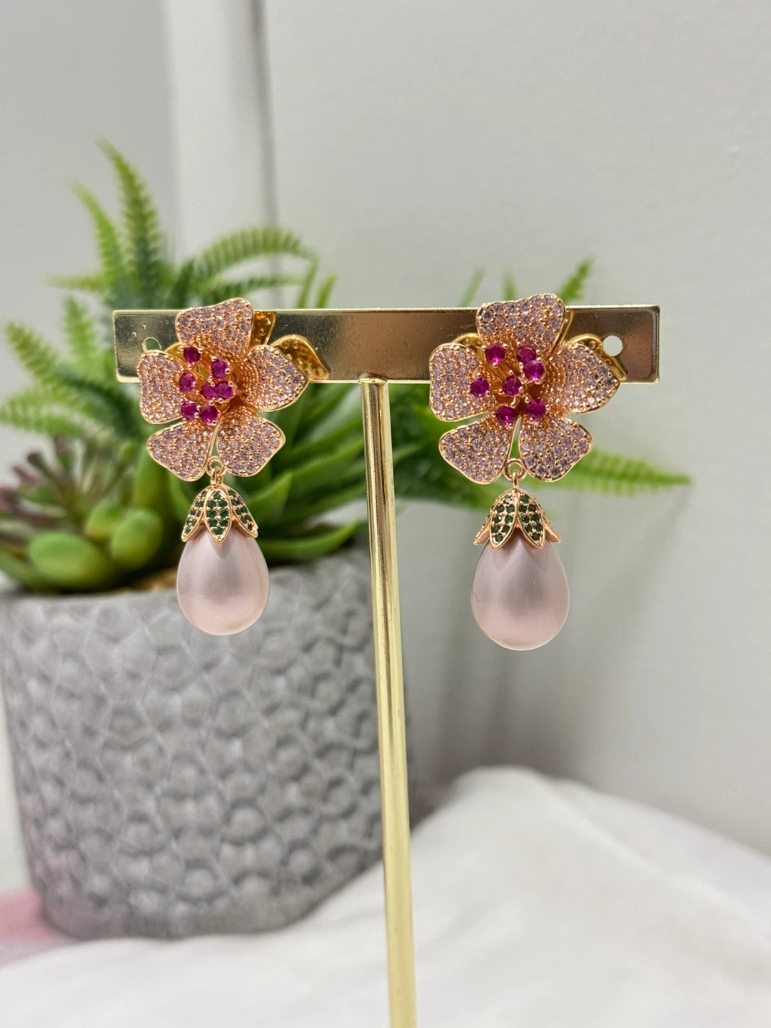 Rose Gold Flower Earrings with Pink Pearl Drop