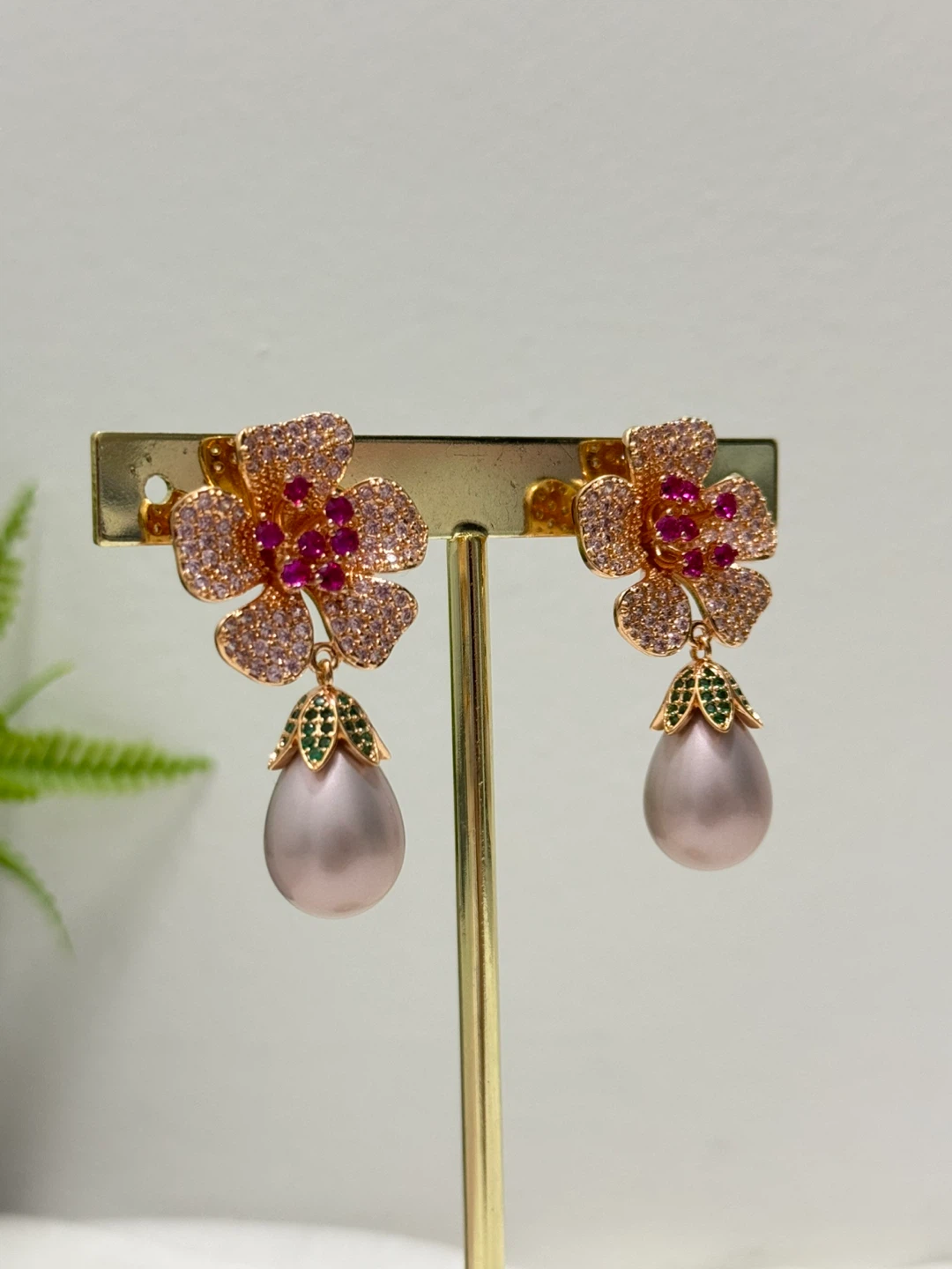 Rose Gold Flower Earrings with Pink Pearl Drop - photo 3